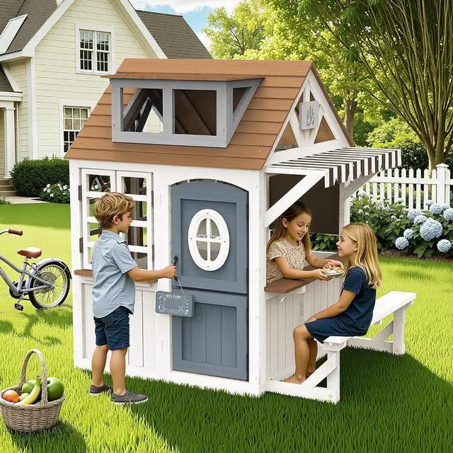Alt view image 2 of 7 - Kids Outdoor Wooden Playhouse with Kitchen Set, Chalkboard, Durable Fir Wood Construction with Waterproof Roof & Rust-Resistant Hinges, Pretend Playhouse for 38 Years Old Boys & Girls