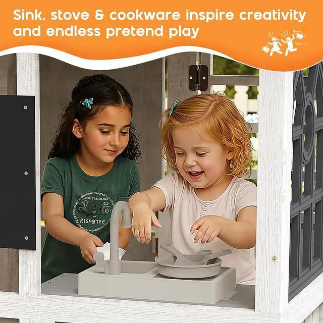 Alt view image 4 of 7 - Kids Outdoor Wooden Playhouse with Kitchen Set, Chalkboard, Durable Fir Wood Construction with Waterproof Roof & Rust-Resistant Hinges, Pretend Playhouse for 38 Years Old Boys & Girls