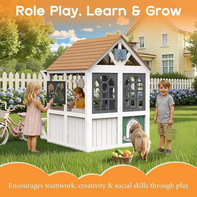 Alt view image 6 of 7 - Kids Outdoor Wooden Playhouse with Kitchen Set, Chalkboard, Durable Fir Wood Construction with Waterproof Roof & Rust-Resistant Hinges, Pretend Playhouse for 38 Years Old Boys & Girls