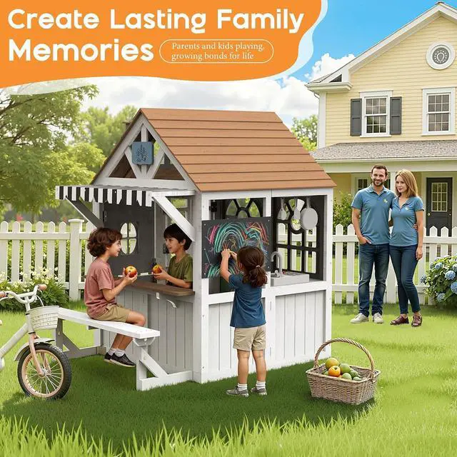 Alt view image 7 of 7 - Kids Outdoor Wooden Playhouse with Kitchen Set, Chalkboard, Durable Fir Wood Construction with Waterproof Roof & Rust-Resistant Hinges, Pretend Playhouse for 38 Years Old Boys & Girls