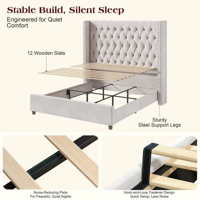 Alt view image 7 of 7 - California King Bed Frame with 61.4" Tall Wingback Headboard, Velvet Upholstered Platform Bed, No Box Spring Needed, Noise-Free&Easy Assembly, for Tall Sleepers & Long Master Bedroom, Cream