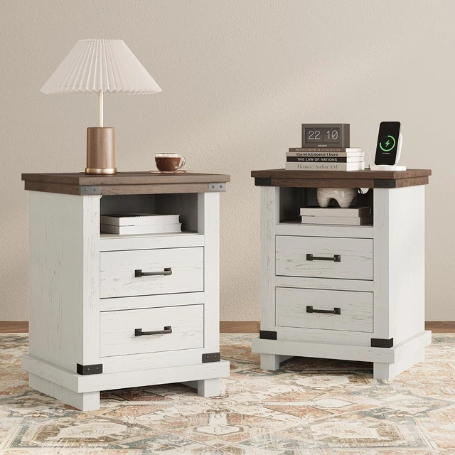 Main image of Farmhouse End Table Set of 2, 18" Wood Nightstands with Charging Station and 2 Drawers, Heavy Duty Bedside Tables for Bedroom or Living Room, Antique White