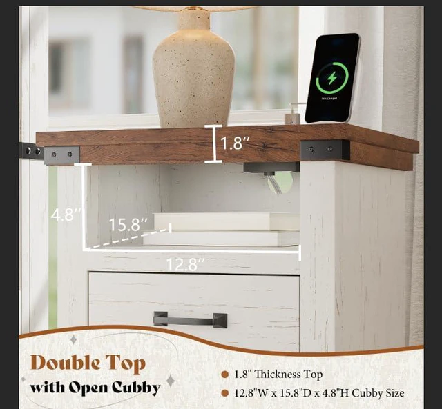 Alt view image 5 of 7 - Farmhouse End Table Set of 2, 18" Wood Nightstands with Charging Station and 2 Drawers, Heavy Duty Bedside Tables for Bedroom or Living Room, Antique White