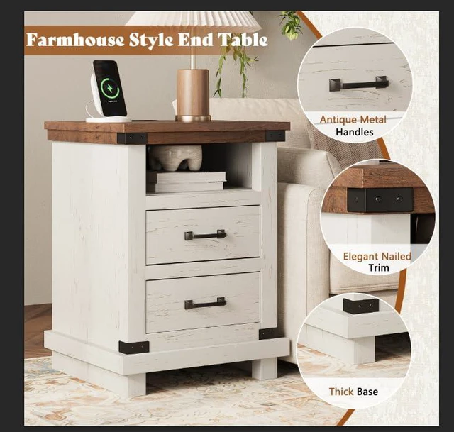 Alt view image 6 of 7 - Farmhouse End Table Set of 2, 18" Wood Nightstands with Charging Station and 2 Drawers, Heavy Duty Bedside Tables for Bedroom or Living Room, Antique White