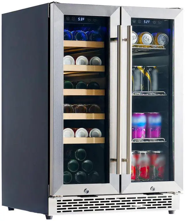 Main image of Beverage Refrigerator - 24-Inch Dual Zone Cooler with Glass Door, Freestanding/Under Counter Wine and Beer Fridge, Holds 20 Bottles & 78 Cans, Ideal for Kitchen, Bar, Office, 34-64 & 41-68