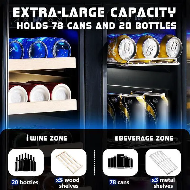 Alt view image 3 of 7 - Beverage Refrigerator - 24-Inch Dual Zone Cooler with Glass Door, Freestanding/Under Counter Wine and Beer Fridge, Holds 20 Bottles & 78 Cans, Ideal for Kitchen, Bar, Office, 34-64 & 41-68