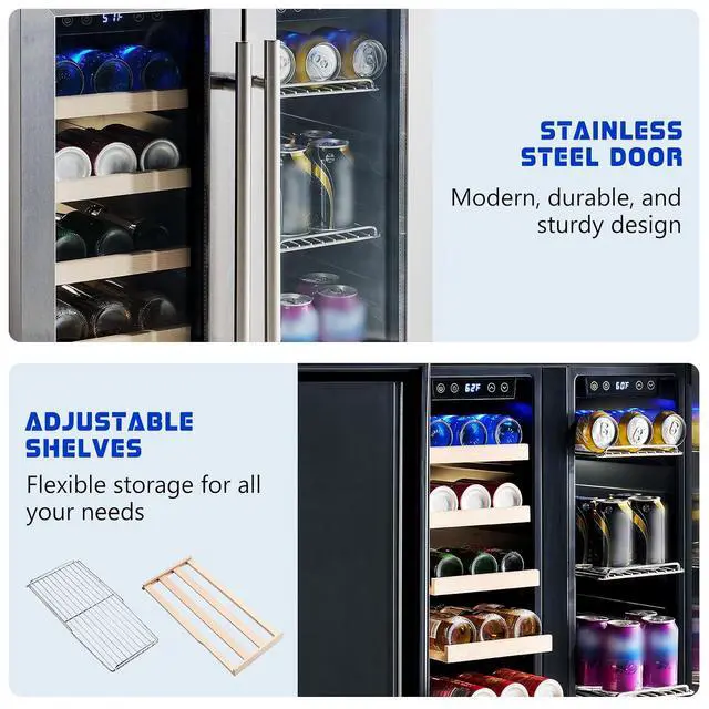 Alt view image 4 of 7 - Beverage Refrigerator - 24-Inch Dual Zone Cooler with Glass Door, Freestanding/Under Counter Wine and Beer Fridge, Holds 20 Bottles & 78 Cans, Ideal for Kitchen, Bar, Office, 34-64 & 41-68