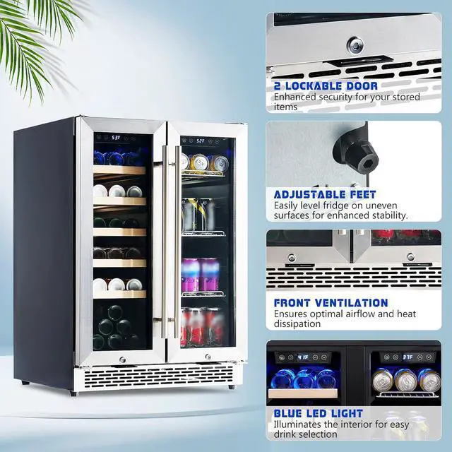 Alt view image 5 of 7 - Beverage Refrigerator - 24-Inch Dual Zone Cooler with Glass Door, Freestanding/Under Counter Wine and Beer Fridge, Holds 20 Bottles & 78 Cans, Ideal for Kitchen, Bar, Office, 34-64 & 41-68