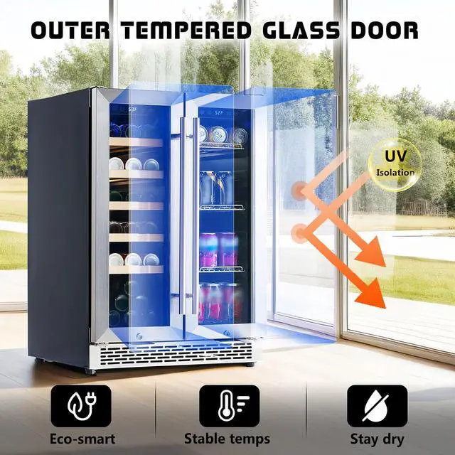 Alt view image 6 of 7 - Beverage Refrigerator - 24-Inch Dual Zone Cooler with Glass Door, Freestanding/Under Counter Wine and Beer Fridge, Holds 20 Bottles & 78 Cans, Ideal for Kitchen, Bar, Office, 34-64 & 41-68
