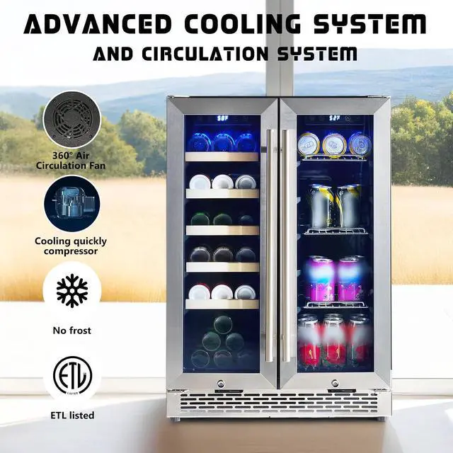 Alt view image 7 of 7 - Beverage Refrigerator - 24-Inch Dual Zone Cooler with Glass Door, Freestanding/Under Counter Wine and Beer Fridge, Holds 20 Bottles & 78 Cans, Ideal for Kitchen, Bar, Office, 34-64 & 41-68