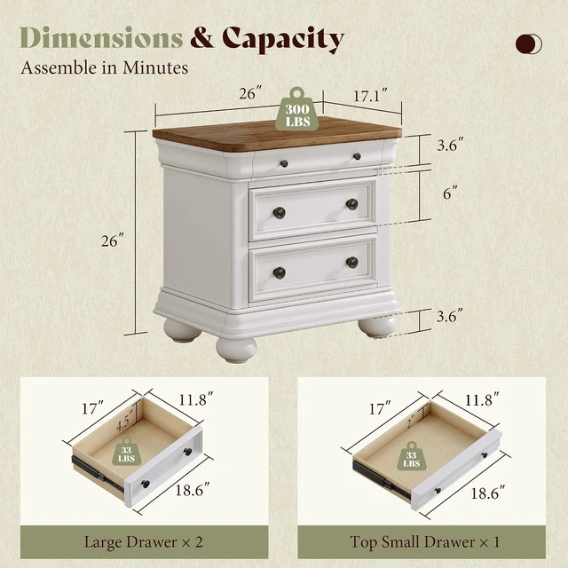 Alt view image 2 of 7 - 26" Fully Assembled Solid Wood Nightstand, Traditional Bedside Table with 3 Drawers, Sofa End Table for Bedroom, Vintage Large Night Stand, Antique White