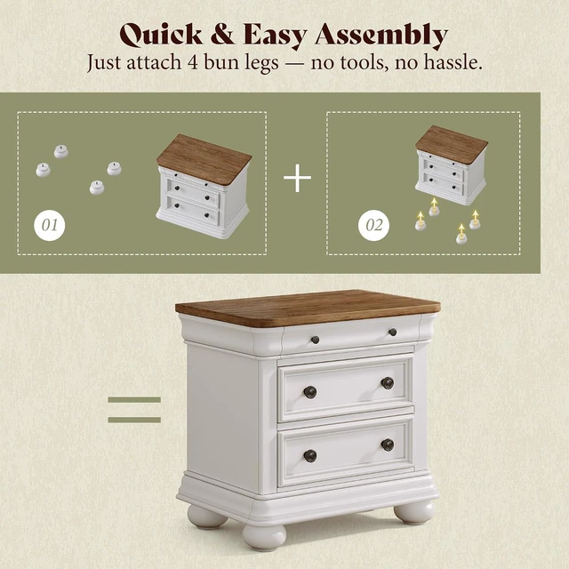 Alt view image 3 of 7 - 26" Fully Assembled Solid Wood Nightstand, Traditional Bedside Table with 3 Drawers, Sofa End Table for Bedroom, Vintage Large Night Stand, Antique White
