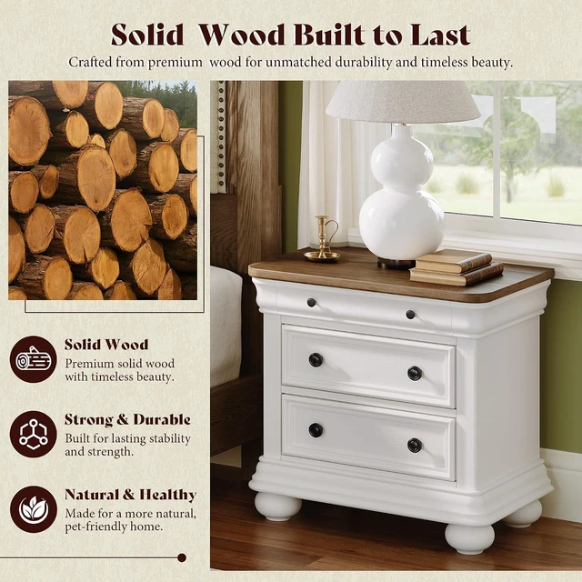 Alt view image 4 of 7 - 26" Fully Assembled Solid Wood Nightstand, Traditional Bedside Table with 3 Drawers, Sofa End Table for Bedroom, Vintage Large Night Stand, Antique White