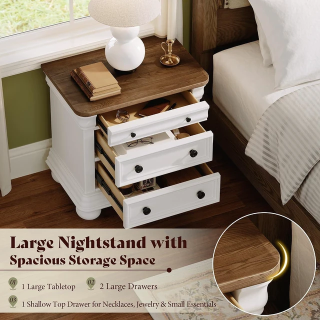 Alt view image 6 of 7 - 26" Fully Assembled Solid Wood Nightstand, Traditional Bedside Table with 3 Drawers, Sofa End Table for Bedroom, Vintage Large Night Stand, Antique White