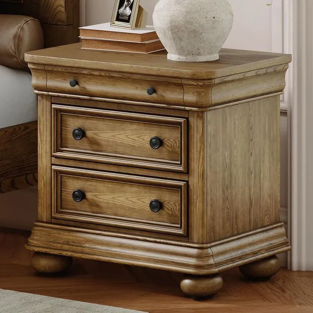 Main image of 26" Fully Assembled Solid Wood Nightstand, Traditional Bedside Table with 3 Drawers, Sofa End Table for Bedroom/Living Room, Farmhouse/Vintage Large Night Stand, Warm Oak