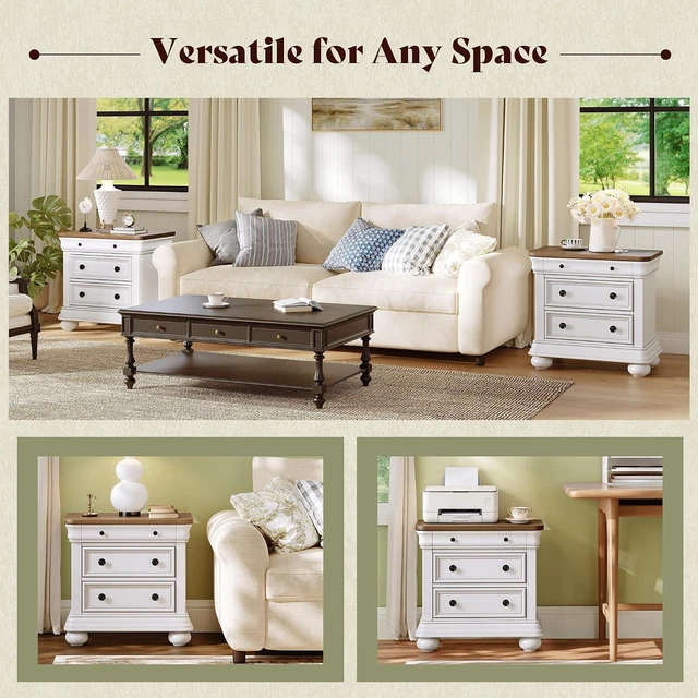 Alt view image 7 of 7 - 26" Fully Assembled Solid Wood Nightstand, Traditional Bedside Table with 3 Drawers, Sofa End Table for Bedroom, Vintage Large Night Stand, Antique White