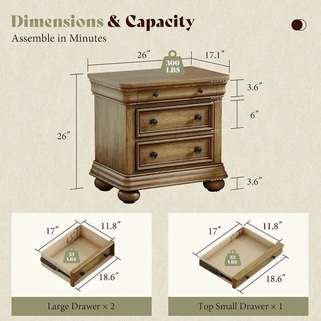 Alt view image 2 of 7 - 26" Fully Assembled Solid Wood Nightstand, Traditional Bedside Table with 3 Drawers, Sofa End Table for Bedroom/Living Room, Farmhouse/Vintage Large Night Stand, Warm Oak