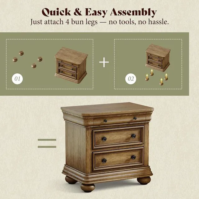 Alt view image 3 of 7 - 26" Fully Assembled Solid Wood Nightstand, Traditional Bedside Table with 3 Drawers, Sofa End Table for Bedroom/Living Room, Farmhouse/Vintage Large Night Stand, Warm Oak