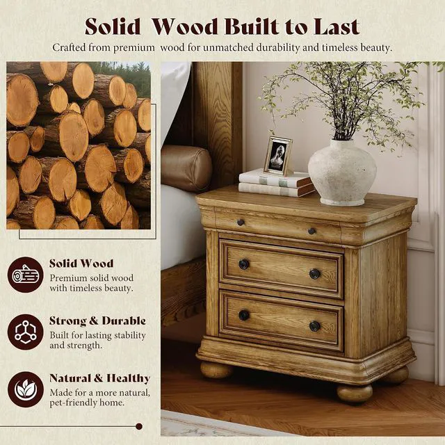 Alt view image 4 of 7 - 26" Fully Assembled Solid Wood Nightstand, Traditional Bedside Table with 3 Drawers, Sofa End Table for Bedroom/Living Room, Farmhouse/Vintage Large Night Stand, Warm Oak
