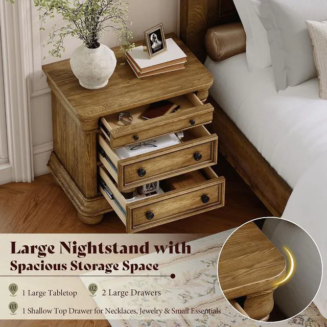 Alt view image 6 of 7 - 26" Fully Assembled Solid Wood Nightstand, Traditional Bedside Table with 3 Drawers, Sofa End Table for Bedroom/Living Room, Farmhouse/Vintage Large Night Stand, Warm Oak