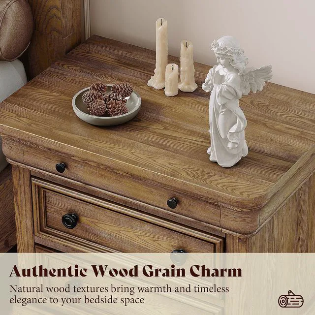 Alt view image 5 of 7 - 26" Fully Assembled Solid Wood Nightstand, Traditional Bedside Table with 3 Drawers, Sofa End Table for Bedroom/Living Room, Farmhouse/Vintage Large Night Stand, Warm Oak