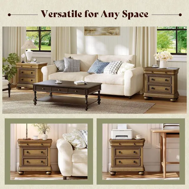 Alt view image 7 of 7 - 26" Fully Assembled Solid Wood Nightstand, Traditional Bedside Table with 3 Drawers, Sofa End Table for Bedroom/Living Room, Farmhouse/Vintage Large Night Stand, Warm Oak