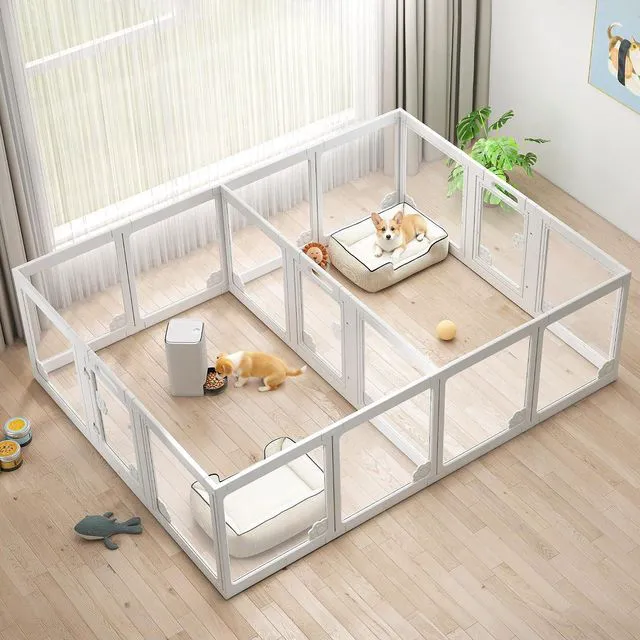 Main image of Acrylic Clear Dog Playpen Indoor, Modular Puppy Cat Small Pet Play Pen with 3 Doors, Transparent Fence for Little Dogs, Cats, Rabbits, Easy Assemble and Disassemble, White (24" H, 17 pcs)