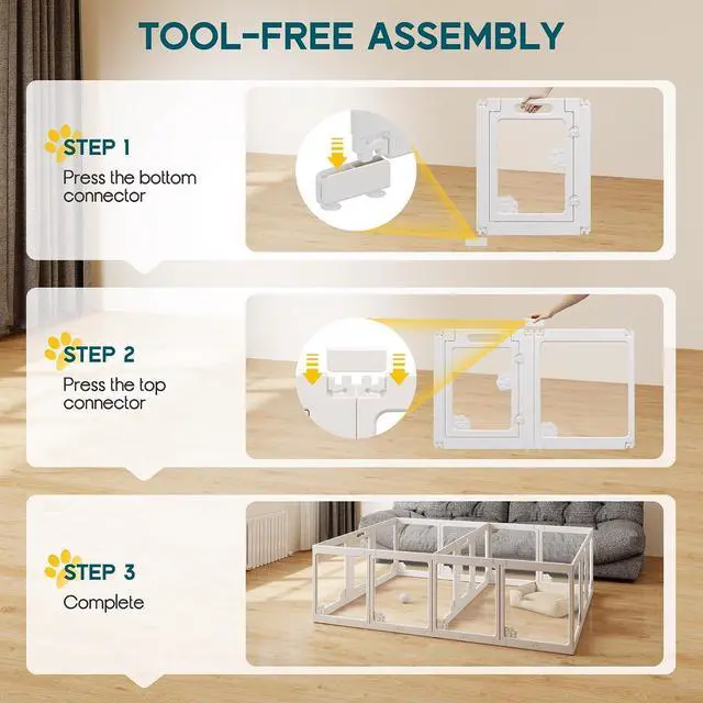 Alt view image 5 of 7 - Acrylic Clear Dog Playpen Indoor, Modular Puppy Cat Small Pet Play Pen with 3 Doors, Transparent Fence for Little Dogs, Cats, Rabbits, Easy Assemble and Disassemble, White (24" H, 17 pcs)