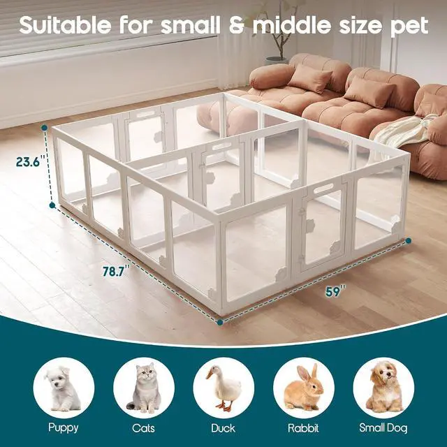 Alt view image 7 of 7 - Acrylic Clear Dog Playpen Indoor, Modular Puppy Cat Small Pet Play Pen with 3 Doors, Transparent Fence for Little Dogs, Cats, Rabbits, Easy Assemble and Disassemble, White (24" H, 17 pcs)