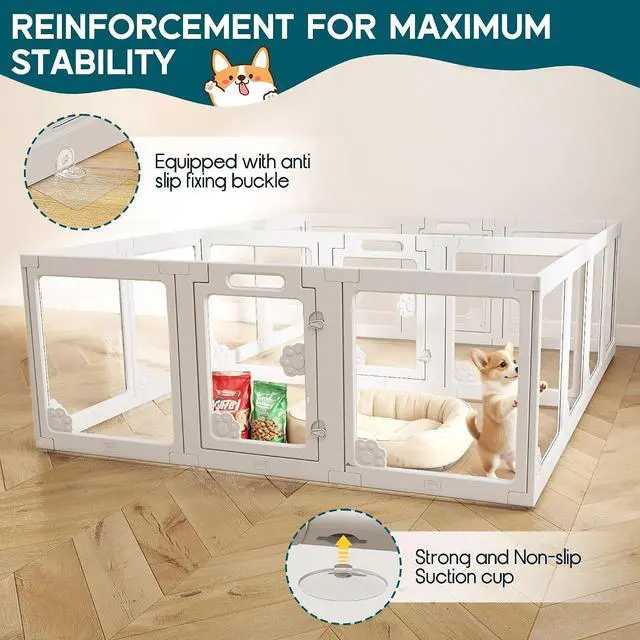 Alt view image 3 of 7 - Acrylic Clear Dog Playpen Indoor, Modular Puppy Cat Small Pet Play Pen with 3 Doors, Transparent Fence for Little Dogs, Cats, Rabbits, Easy Assemble and Disassemble, White (24" H, 17 pcs)
