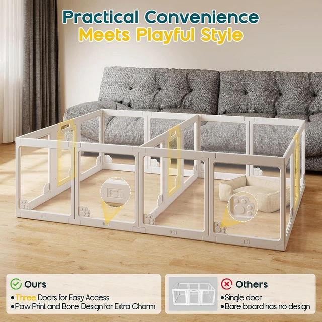 Alt view image 4 of 7 - Acrylic Clear Dog Playpen Indoor, Modular Puppy Cat Small Pet Play Pen with 3 Doors, Transparent Fence for Little Dogs, Cats, Rabbits, Easy Assemble and Disassemble, White (24" H, 17 pcs)
