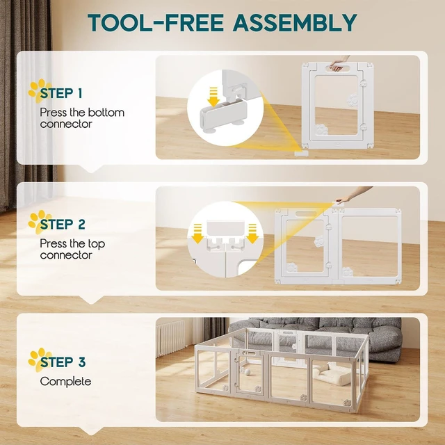 Alt view image 5 of 7 - Acrylic Clear Dog Playpen Indoor, Modular Puppy Cat Small Pet Play Pen with 2 Doors, Transparent Fence for Little Dogs, Cats, Rabbits, Easy Assemble and Disassemble, White (24" H, 14 pcs)
