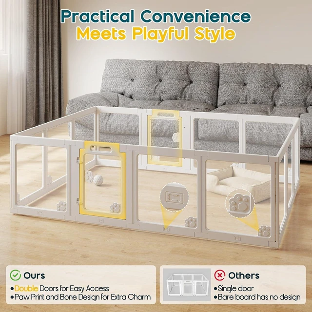 Alt view image 4 of 7 - Acrylic Clear Dog Playpen Indoor, Modular Puppy Cat Small Pet Play Pen with 2 Doors, Transparent Fence for Little Dogs, Cats, Rabbits, Easy Assemble and Disassemble, White (24" H, 14 pcs)