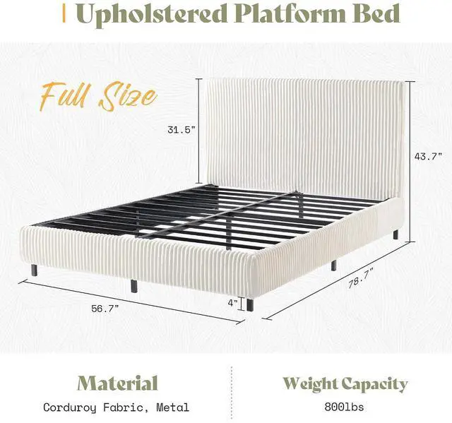Alt view image 2 of 7 - Full Size Bed Frame, Corduroy Upholstered Metal Platform Bed with Vertical Channel Tufted Headboard, Soft Fabric & Strong Metal Slats, Noise-Free, White Full Bed and Headboard