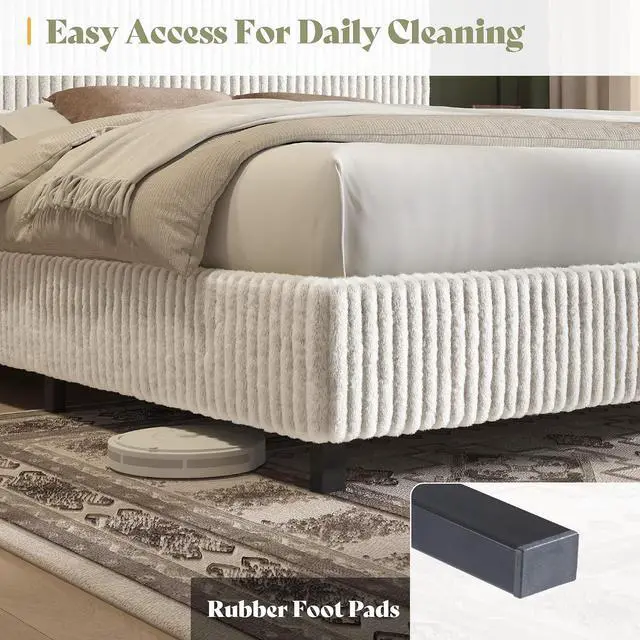 Alt view image 5 of 7 - Full Size Bed Frame, Corduroy Upholstered Metal Platform Bed with Vertical Channel Tufted Headboard, Soft Fabric & Strong Metal Slats, Noise-Free, White Full Bed and Headboard