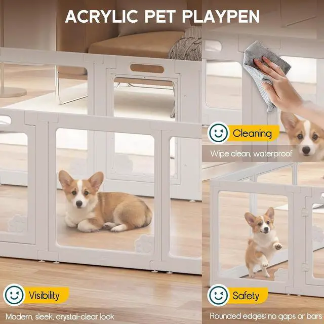 Alt view image 2 of 7 - Acrylic Clear Dog Playpen Indoor, Modular Puppy Cat Small Pet Play Pen with 2 Doors, Transparent Fence for Little Dogs, Cats, Rabbits, Easy Assemble and Disassemble, White (24" H, 14 pcs)