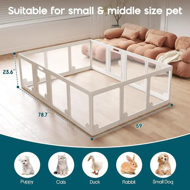 Alt view image 7 of 7 - Acrylic Clear Dog Playpen Indoor, Modular Puppy Cat Small Pet Play Pen with 2 Doors, Transparent Fence for Little Dogs, Cats, Rabbits, Easy Assemble and Disassemble, White (24" H, 14 pcs)