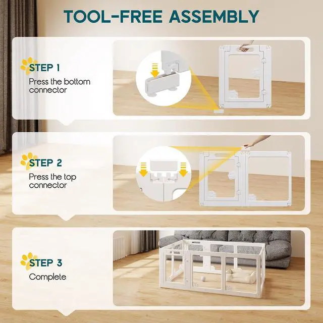 Alt view image 5 of 7 - Acrylic Clear Dog Playpen Indoor, Modular Puppy Cat Small Pet Play Pen with 2 Doors, Transparent Fence for Little Dogs, Cats, Rabbits, Easy Assemble and Disassemble, White (24" H, 10 pcs)