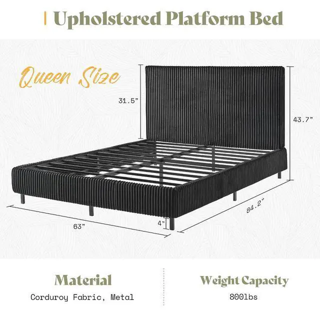Alt view image 2 of 7 - Queen Bed Frame, Upholstered Metal Platform Bed with Vertical Channel Tufted Headboard, Soft Fabric & Strong Metal Slats, Noise-Free/Easy Assembly, Black