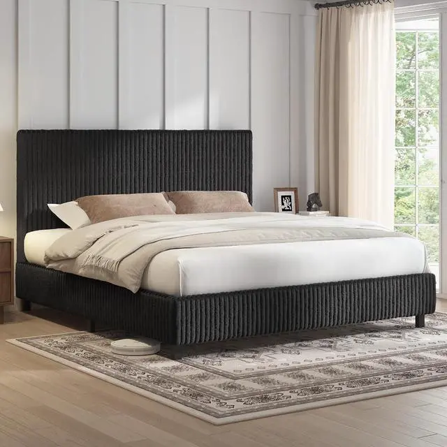 Main image of Queen Bed Frame, Upholstered Metal Platform Bed with Vertical Channel Tufted Headboard, Soft Fabric & Strong Metal Slats, Noise-Free/Easy Assembly, Black