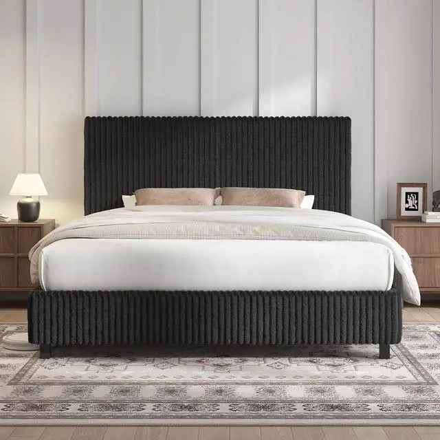 Alt view image 3 of 7 - Queen Bed Frame, Upholstered Metal Platform Bed with Vertical Channel Tufted Headboard, Soft Fabric & Strong Metal Slats, Noise-Free/Easy Assembly, Black