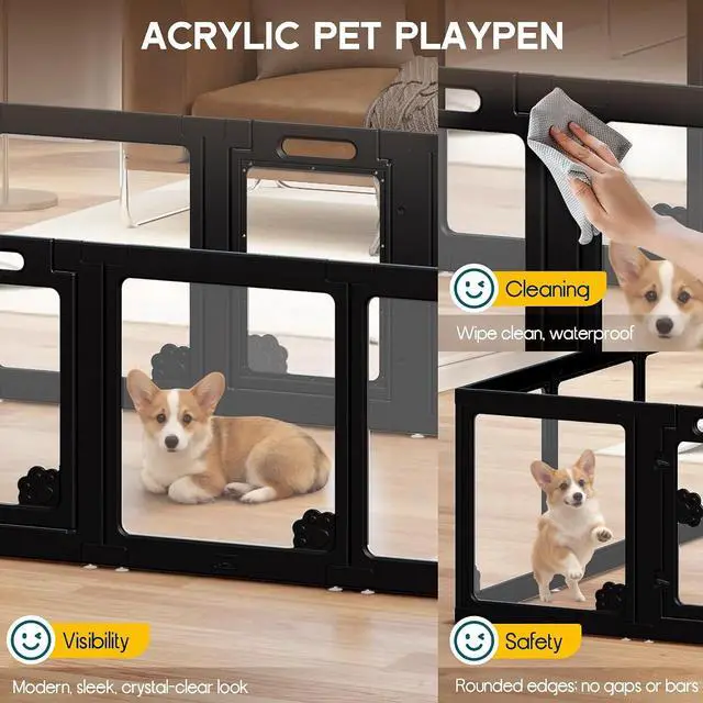 Alt view image 2 of 7 - Acrylic Clear Dog Playpen Indoor, Modular Puppy Cat Small Pet Play Pen with 3 Doors, Transparent Fence for Little Dogs, Cats, Rabbits, Easy Assemble and Disassemble, Black (24" H, 17 pcs)
