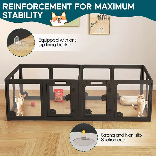 Alt view image 3 of 7 - Acrylic Clear Dog Playpen Indoor, Modular Puppy Cat Small Pet Play Pen with 2 Doors, Transparent Fence for Little Dogs, Cats, Rabbits, Easy Assemble and Disassemble, Black (24" H, 14 pcs)