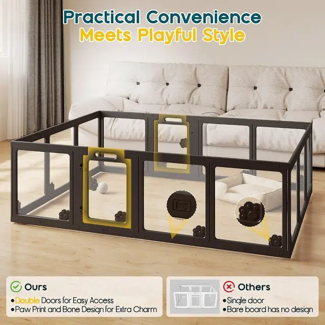 Alt view image 4 of 7 - Acrylic Clear Dog Playpen Indoor, Modular Puppy Cat Small Pet Play Pen with 2 Doors, Transparent Fence for Little Dogs, Cats, Rabbits, Easy Assemble and Disassemble, Black (24" H, 14 pcs)