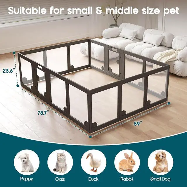 Alt view image 7 of 7 - Acrylic Clear Dog Playpen Indoor, Modular Puppy Cat Small Pet Play Pen with 2 Doors, Transparent Fence for Little Dogs, Cats, Rabbits, Easy Assemble and Disassemble, Black (24" H, 14 pcs)
