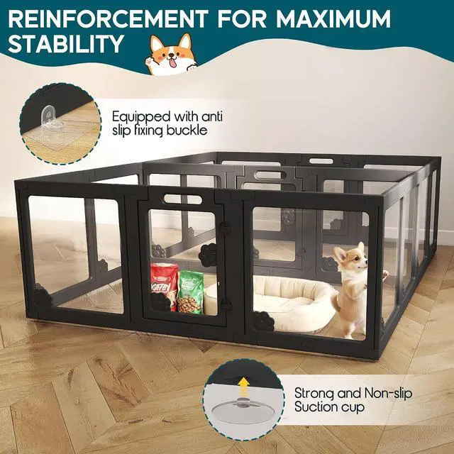 Alt view image 3 of 7 - Acrylic Clear Dog Playpen Indoor, Modular Puppy Cat Small Pet Play Pen with 3 Doors, Transparent Fence for Little Dogs, Cats, Rabbits, Easy Assemble and Disassemble, Black (24" H, 17 pcs)