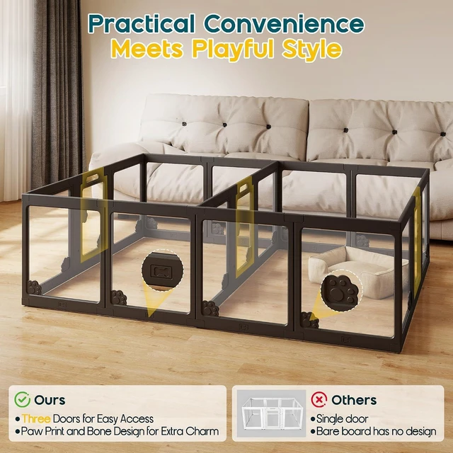 Alt view image 4 of 7 - Acrylic Clear Dog Playpen Indoor, Modular Puppy Cat Small Pet Play Pen with 3 Doors, Transparent Fence for Little Dogs, Cats, Rabbits, Easy Assemble and Disassemble, Black (24" H, 17 pcs)