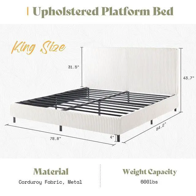 Alt view image 2 of 7 - King Bed Frame, Upholstered Metal Platform Bed with Vertical Channel Tufted Headboard, Soft Fabric & Strong Metal Slats, No Noise/Easy Assembly, White King Upholstered Bed and Headboard
