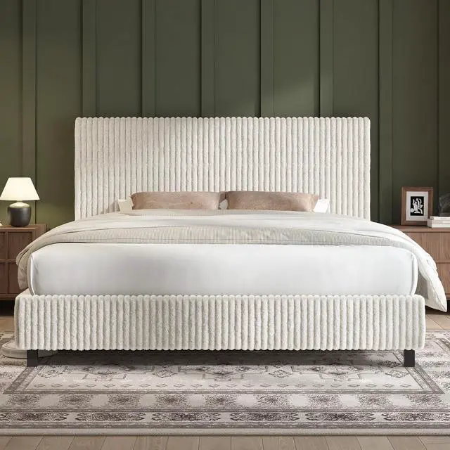 Alt view image 3 of 7 - King Bed Frame, Upholstered Metal Platform Bed with Vertical Channel Tufted Headboard, Soft Fabric & Strong Metal Slats, No Noise/Easy Assembly, White King Upholstered Bed and Headboard