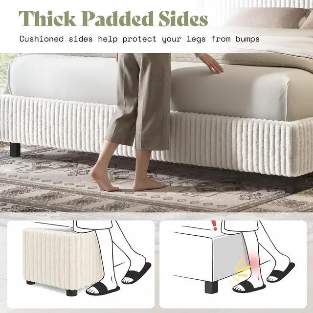 Alt view image 7 of 7 - King Bed Frame, Upholstered Metal Platform Bed with Vertical Channel Tufted Headboard, Soft Fabric & Strong Metal Slats, No Noise/Easy Assembly, White King Upholstered Bed and Headboard